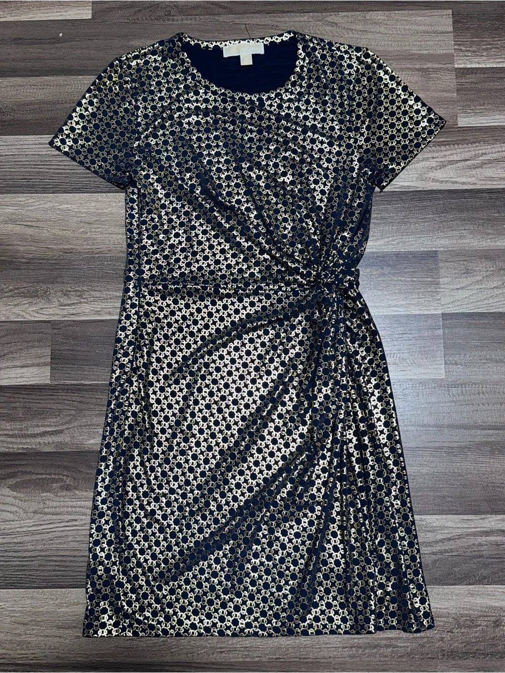 Michael Kors Navy/Gold Geometric Sheath Dress Knee Length